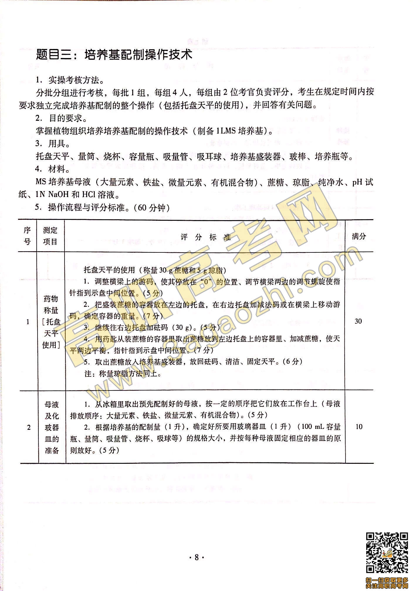 2019年高职高考《生物技术基础》课程技能证书考试大纲及样题